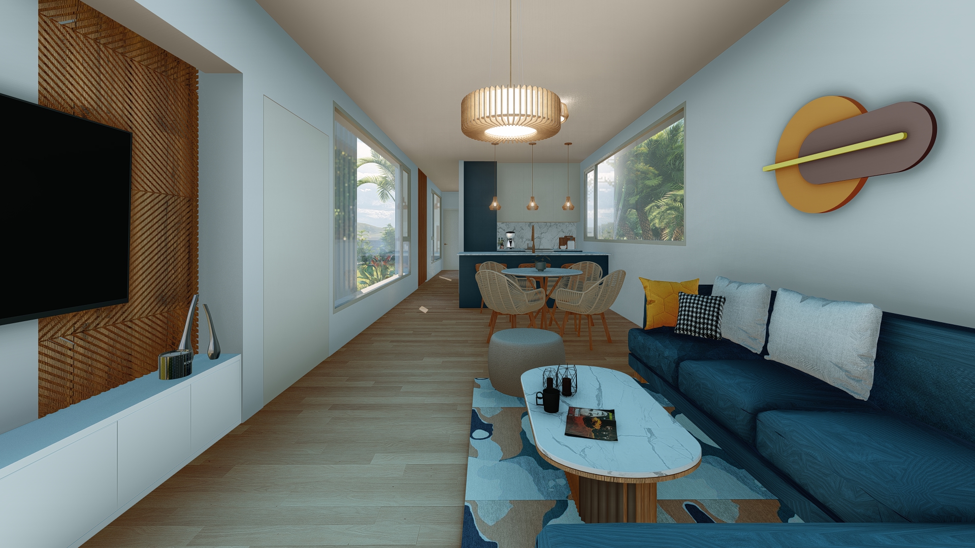 Living room and kitchen of TDK's two-bedroom Modular residence