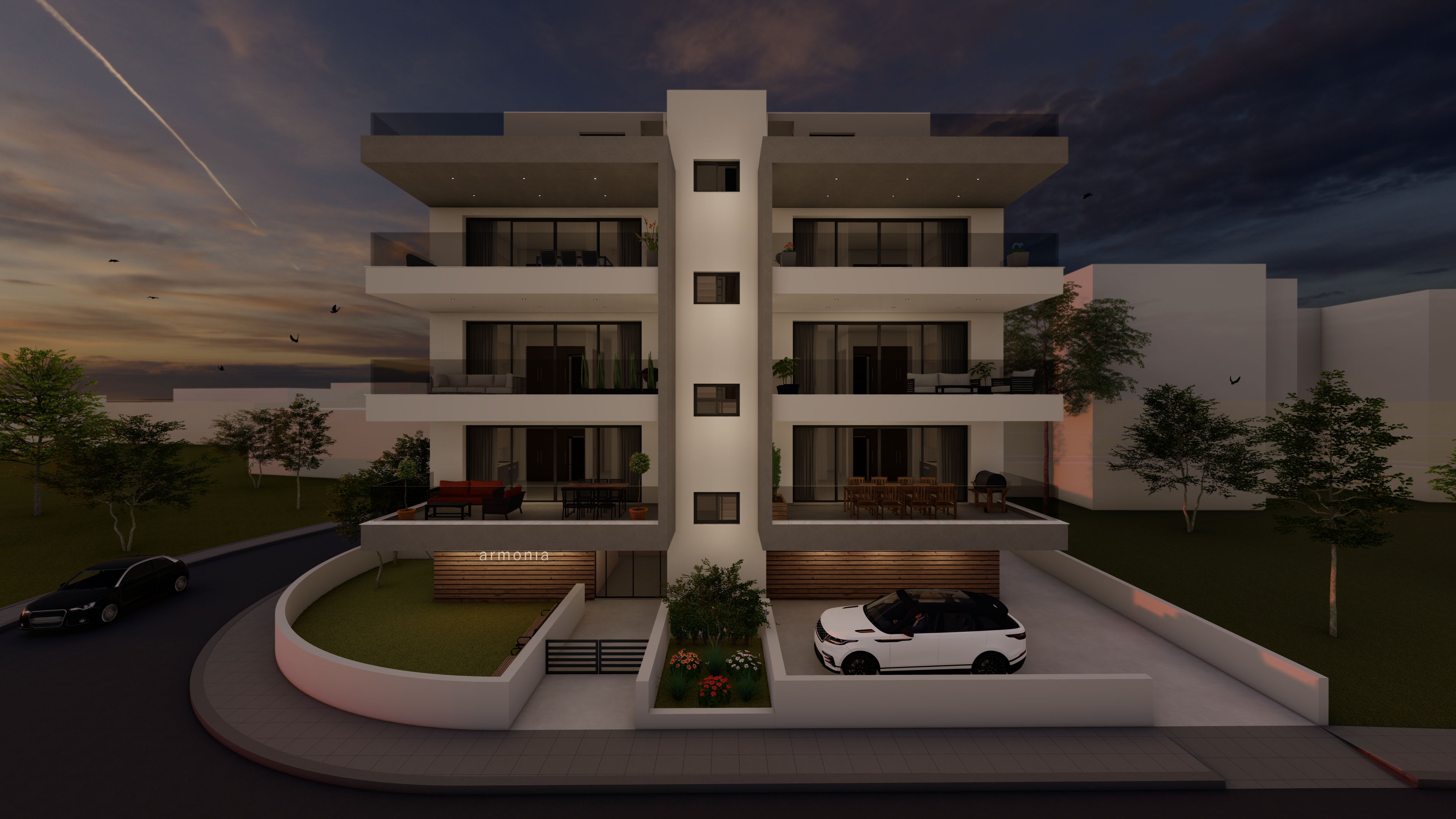 A rendered picture of Armonia Apartments Night Time Front View